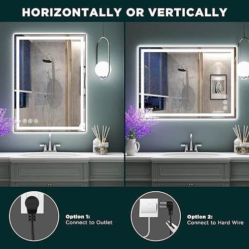 LED Bathroom Mirror 24"x 32" with Stepless Dimmable Wall Mirrors with Anti-Fog, Dimmable CRI>90, Vanity Mirror with 3 Color Modes, Shatter-Proof, Memory Bathroom Mirror with LED Lights 8