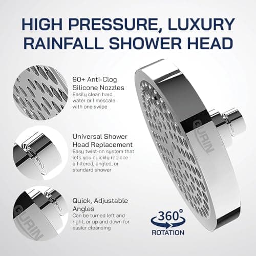 GURIN Shower Head High Pressure Rain Shower head - 6 Inch Luxury Design with Adjustable Angles, Anti-Clogging Nozzles, Easy 1-Min Install, Premium Chrome Finish for Bathroom (2.5 GPM) 6