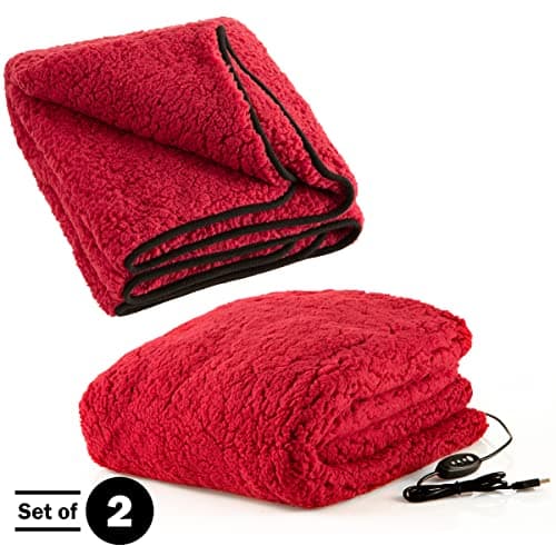 Heated Blanket 2-Pack - USB-Powered Sherpa Throw Blankets for Travel, Home, Office, or Camping - Winter Car Accessories by Stalwart (Red Wine) 3