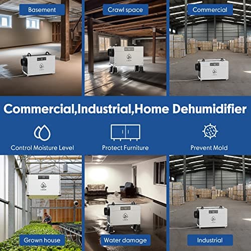 LUBAIR 145 pints Commercial Dehumidifiers for Basements,Energy Star Crawl Space Dehumidifier with Drain Hose,Industrial Dehumidifier for Large Space,Whole House,Auto Defrose 5
