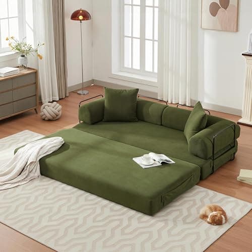 ZEIINPA Convertible Sleeper Sofa Bed with Cylindrical Pillow, Corduroy Folding Mattress Couch with Fixed-Shape Frame, Floor Sofa Lounge Couch for Living Room Bedroom Lounge Studio-Green