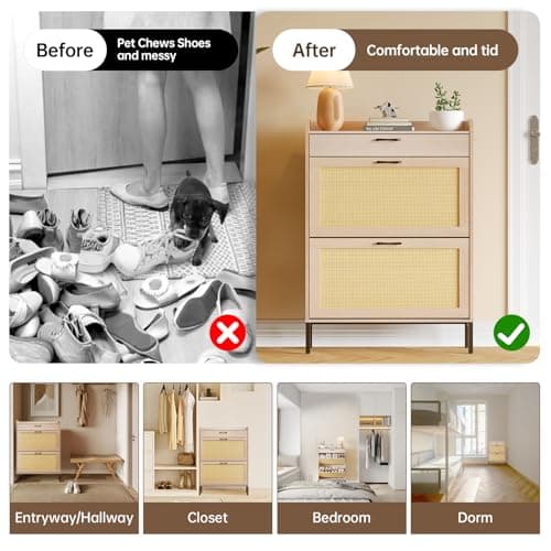 Airynee Rattan Shoe Storage Cabinet with 2 Flip Drawers and 1 Drawer, Narrow Freestanding Shoe Cabinet for Entryway, Slim Hidden Shoe Organizer Cabinet with Metal Legs for Hallway Living Room, Bedroom 5