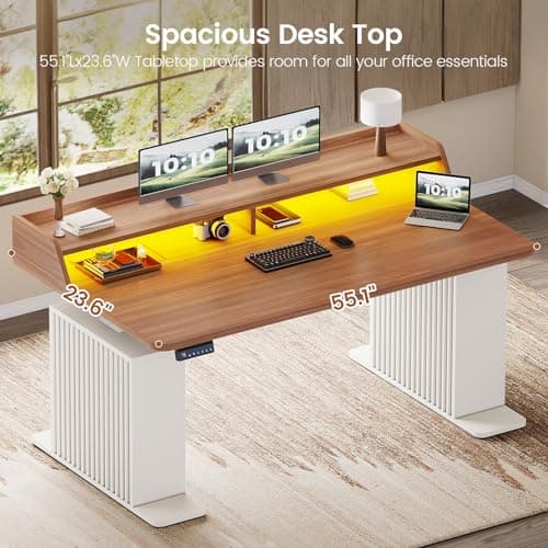 SEDETA Standing Desk with Storage, 55" Fluted Stand Up Desk with Power Outlets & LED Lights, Height Adjustable Table with Monitor Shelf for Home Office, Gaming, Brown + White 9