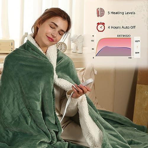 ESTINGO Electric Blanket Heated Throw, Extremely Soft Electric Throw Blanket with 4 Hours Auto Off & 5 Heating Levels, Heated Blanket Ideal Gift for Bedding Office Couch, 50"x60", Hunter Green 3