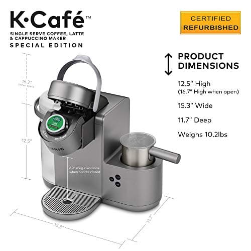 Keurig K-Cafe Special Edition Coffee Maker, Single Serve K-Cup Pod Coffee, Latte and Cappuccino Maker, Comes with Dishwasher Safe Milk Frother, Coffee Shot Capability, Nickel (Renewed) 10