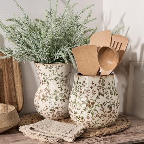 JIEMEI HOME Kitchen Utensil Holder, 6.3" Ceramic Rustic Utensil Crock for Countertop, Farmhouse Cooking Tool Organizer, Spatula Holder For Kitchen Decor, Green and Brown Floral 9