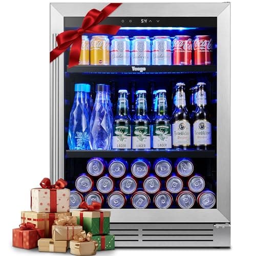 Yeego 24 Inch Beverage Refrigerators 180 can Beer Fridge Beverage Cooler with Reversible Double-Layer Tempered Glass Door and Temperature Memory Function Bottom Key Lock Stainless Steel