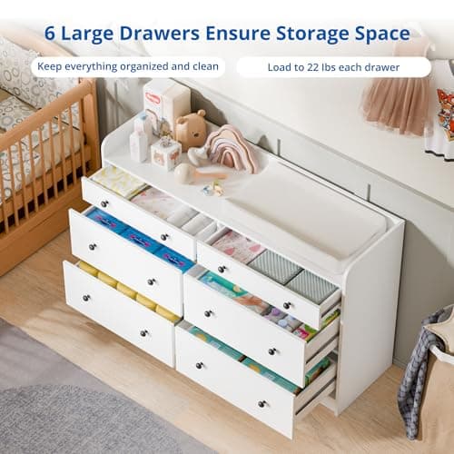 Cozy Castle Baby Dresser with 6 Drawers and Large Table Top, Multi-Functional Chest of Drawer, Drawer Dresser with Three-Sided High Rails for Nursery, Children's Room, Bedroom, White 5