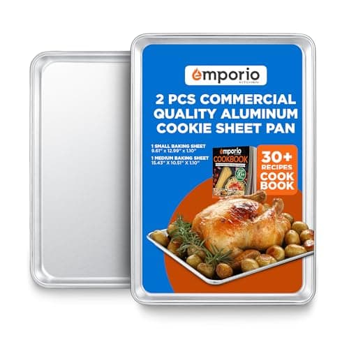 Emporio Kitchen Baking Pan Set - Small and Medium Aluminum Cookie Sheet Pan (9" x 13" and 10.5" x 15"), PFOA, PFOS, PTFE Free, Recipe Booklet Included, Oven Safe Tray, Resist Heat UpTo 500°F, Set of 2