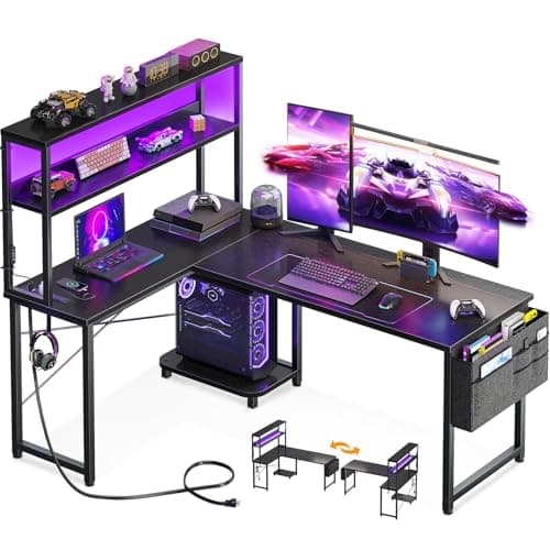 AODK L Shaped Desk Gaming Desk with LED Light & Power Outlet, 53 Inch Reversible L Shaped Computer Table with Shelf & Storage Bag & Hook for Home Office, Black