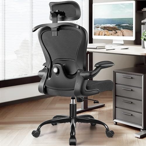 AtHope Office Chair, Ergonomic Office Chair with 3D Lumbar Support 3D Headrest, Comfy High Back Home Desk Chairs, Breathable Mesh Computer Chairs with Flip-Up Armrests & Hanger,Black