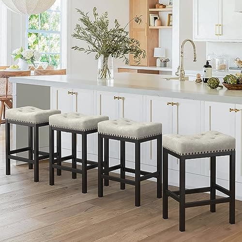 LUE BONA Counter Height Bar Stools, 24 Inch Saddle Backless Bar Stools Set of 4 for Kitchen Counter, Faux Leather Counter Stools with Black Metal Legs, Modern Kitchen Island stools, Light Beige Gray
