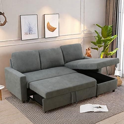 GlasFlength Sofa Bed Pull Out Couch, Lounge L Shaped Sleeper Sofa with Reversible Storage Chaise, 83" Modern Convertible Small Sectional Couches for Living Room Small Spaces, Grey 7