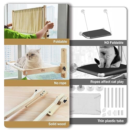 Cordless Folding Cat Window Perch, Natural Wooden cat Window Perch with 4 Strong Suction Cups, Easy to Adjust & Assemble Window Cat Bed for Sunbathing, Napping & Overlooking, 24''-Load Up to 45lb. 5