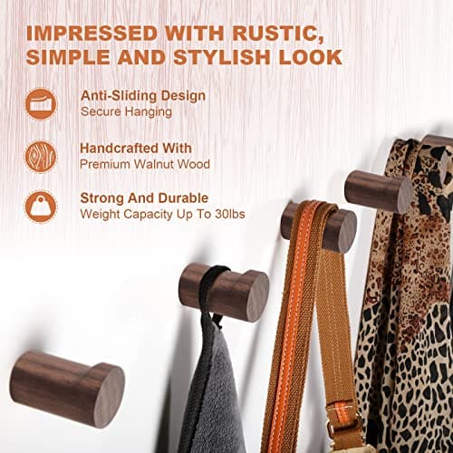 bsdonte Wood Wall Hooks 6 Pack, Natural Wooden Coat Hooks Wall Mounted, Handmade Rustic Hat Hooks Heavy Duty Entryway Wall Hangers for Hanging Towels, Clothes, Bags (Black Walnut Wood) 3