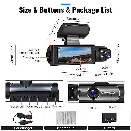 CAMECHO Dual Dash Cam 1080P Front and Inside Dash Camera for Cars 2 Channel Dashcam, 3.16" IPS Screen, IR Night Vision, Loop Recording, 24hr Parking Mode, Car Camera with 32GB TF Card Driving Recorder 7