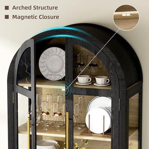 Vlsrka 71" Arched Curio Cabinet with Glass Doors, 4-Shelves Display Cabinet and 2 Drawers, Display Case with 3 Color Lights, Tall Bookcase, Kitchen Pantry, Black+Wood 6