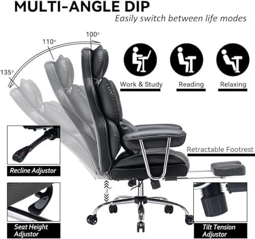 Efomao Big and Tall Office Chair with Foot Rest 400LBS, PU Leather Computer Chair, Heavy Duty Executive Office Chair with Lumbar Support, Black Home Office Chairs 7