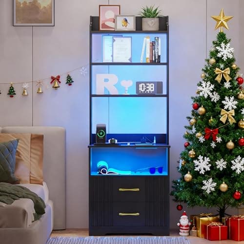 Vlsrka Tall Nightstand with Charging Station, 54" Smart Nightstand with LED Lights, Modern Night Stand with Bookshelf, Bedside Tables with Storage Cabinet, Black