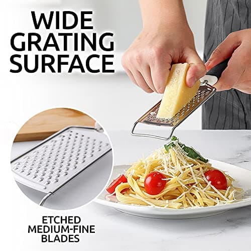 Zulay Kitchen Professional Cheese Grater Stainless Steel - Durable Rust-Proof Metal Lemon Zester Grater With Handle - Flat Handheld Grater For Cheese, Chocolate, Spices, And More - Black 6