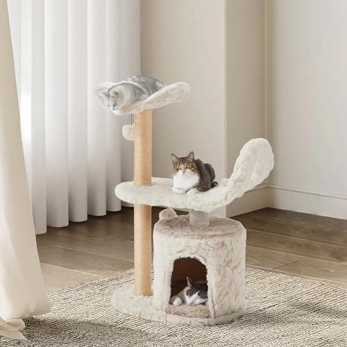 Modern Cute Cat Tree for Indoor Cats, 31-Inch 3-Tier Small Cat Tower with Scratching Posts, Soft White Plush Sailboat Perch & Lookout, Cute Cat Furniture for Kittens and Small Cats 7