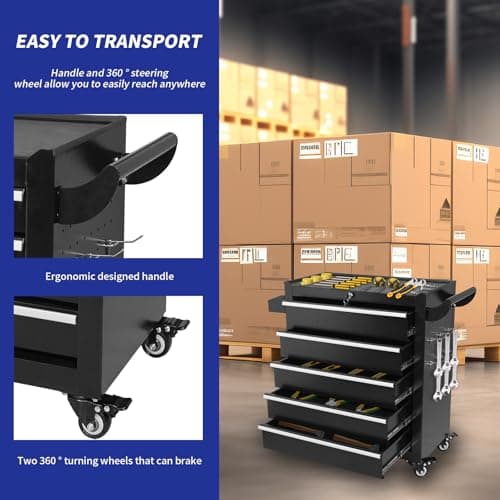 Barphygo Rolling Tool Chest, 5 Drawers Metal Tool Box with Wheels Garage Storage Cabinets Locking Tools Drawer Organization Workbench Toolbox for Repair Shop, Workshop & Warehouse 5