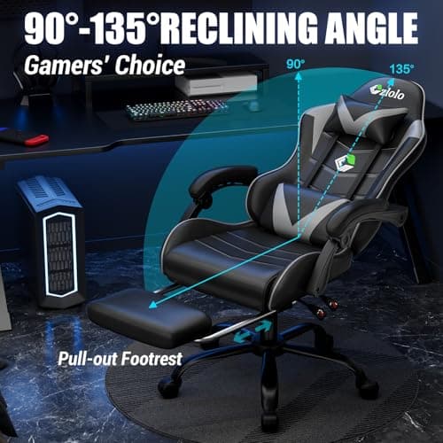 Czlolo Gaming Chair with Footrest Racing Style Lumbar Support Massager Video Game Chair with Metal Legs, High Back Reclining Gamer Chair with Headrest, 360° Swivel Office Computer Desk Chair (Gray) 5