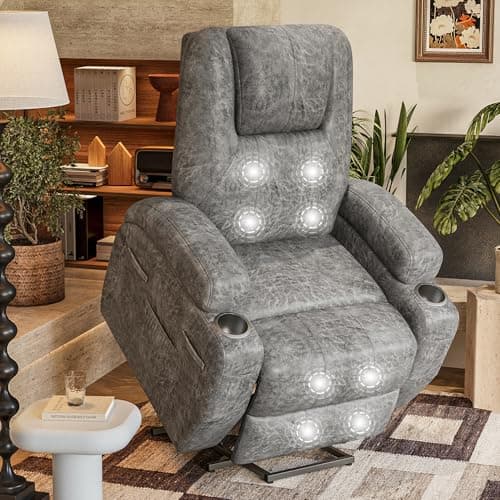 Electric Power Lift Recliner Chair with Massage for Elderly Corduroy Fabric Recliner Single Sofa with Cup Holders, Side Pockets and Remote Control for Living Room Bedroom (Leathaire, Light Gray)