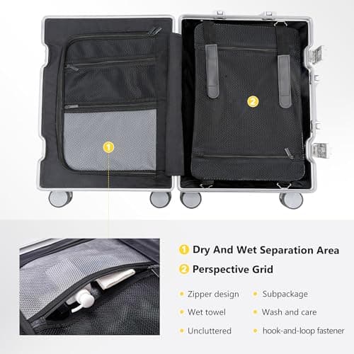 YYW All aluminum-magnesium Carry-On Luggage 20 Inch,Airline Approved Lightweight Suitcase with TSA Lock and Silent Wheels,Suitable for business travel (Silver, 20in) 7