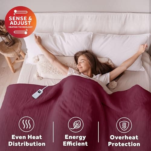 Sunbeam Electric Royal Luxe Microplush Heated Blanket, 12 Heat Settings, 12-Hour Selectable Auto Shut-Off, Fast Heating, Warm and Cozy, Cabernet Color, Full, 84" x 72" 5