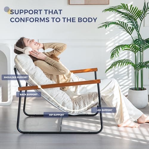 MAXYOYO Modern Accent Chair, Comfy Living Room Chair with Metal Frame Wooden Armrest, Upholstered Armchair with Soft Cushion for Bedroom Balcony Lounge Reading Room, Beige 5