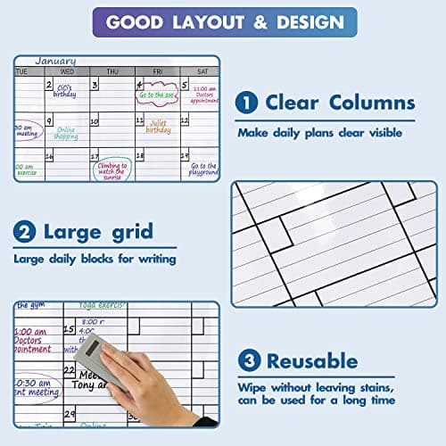 Dry Erase Monthly Extra Large White board Calendar for Wall, 25" by 38", Jumbo Laminated Erasable One Month Whiteboard Calendar, Huge Oversized Blank 30-Day Poster with Lines and Squares 5