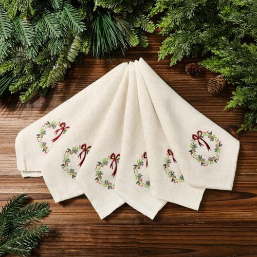 SmoothNovelty 6 Pcs Christmas Cloth Napkins Xmas Linen Dinner Napkins 18 x 18 Inch Soft Embroidered Linen Square Fabric Merry Christmas Wreath White Handkerchief for Wedding Holiday Dining Gifts