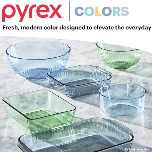 Pyrex Colors Tinted (3-Pack, Full Set) Sculpted Tinted Glass Mixing Bowls With Plastic Lids, Nesting Space Saving Set of Bowls For Prepping and Baking, 1.3QT, 2.3QT & 4.5QT 5