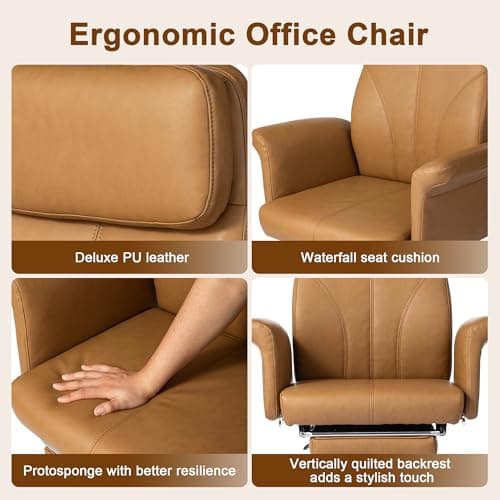 Glitzhome Ergonomic Office Chairs with Footrest, Mid-Century Modern Desk Chair, PU Leather Office Chair with Lumbar Support and Armrest, Gaslift Adjustable Swivel Reclining Office Chair, Camel 6