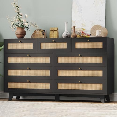 AOGLLATI Black Rattan Dresser for Bedroom with 9 Drawer, Modern Double Wooden Long Bedroom Dresser, Chest of Drawers with Metal Handle & Solid Wood Legs for Bedroom/Living Room, Black 8