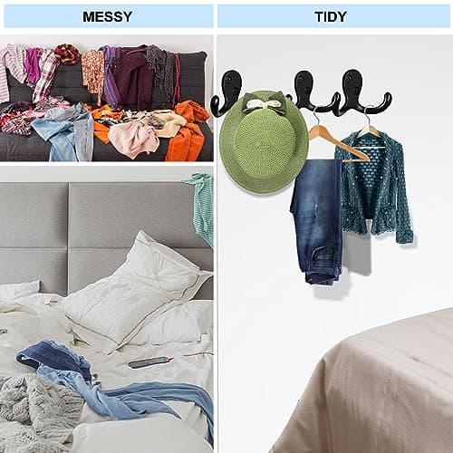 Kruodop 4 Pack Wall Hooks Wall Mounted Coat Hooks for Hanging Heavy Duty, Black Towel Hooks, Metal Double Coat Hanger with Screws Cup Retro for Coats, Handbags, Towels, Hat 5