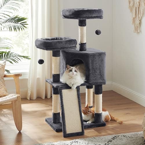Feandrea Cat Tree, 45.3-Inch Cat Tower, Plush Condo with Scratching Post, Ramp, Perch, Spacious Cave, for Small Space, Smoky Gray UPCT141G01