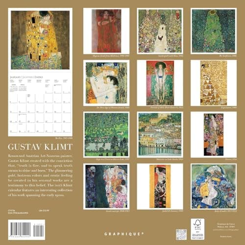 Graphique 2026 Klimt Wall Calendar | 12” x 12” | Thick Paper | Home & Office Organizer | Large Monthly Grid | 3 Languages & Marked Holidays | 4 Month Preview Page for 2027 5