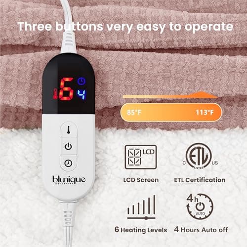blunique Heated Blanket Electric Throw Waffle, 50x60 Inches Sherpa Fleece Fast Heating Blanket 6 Heating Levels & 4 Hours Auto Off ETL Certification, Pink Throw 5