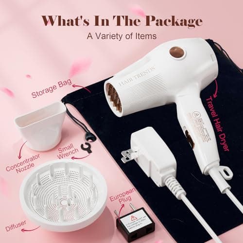 Travel Hair Dryer Mini with Diffuser&Concentrator,110~250V Dual Voltage Hair Dryer Blow Dryer Mini Size for European Travel, Portable Blow Dryers for Women and Men with EU Plug 5