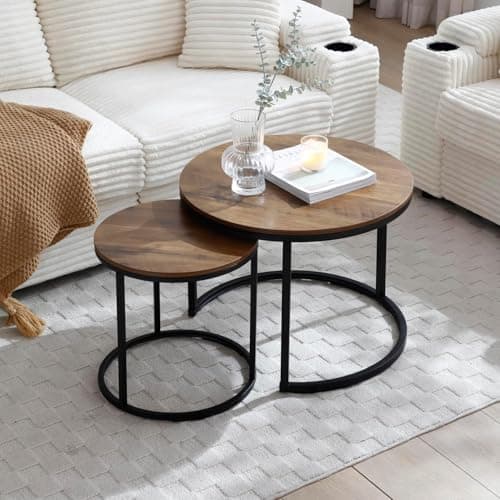 GUANGHONG Nesting Coffee Table Set of 2, Round Coffee Table w/Wood Grain Top, Modern Living Room Table with Sturdy Metal Frame, Industrial End Table Side Tables for Small Space Apartment (Black)