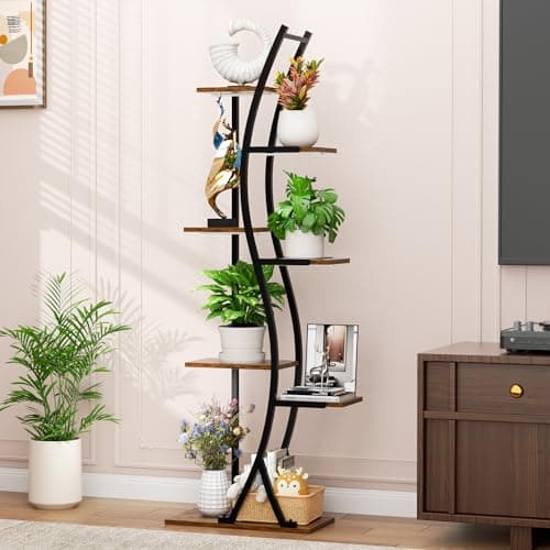 MJOMKN 62“ Plant Stand Indoor with Grow Lights - 7 Tiered Tall Metal Plant Shelf - Corner Wooden Plant Stand for Indoor Plants Multiple, Large S-Shape Flower Rack Holder for Living Room, Garden, Patio Decor 5