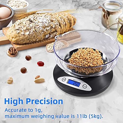 THINKSCALE Digital Kitchen Scale, Highly Accurate 5000g/11lb x 0.1oz, Food Scale for Cooking, Baking and Weight Loss, Kitchen Scale with Bowl 2 Modes and Tare Features, Back-lit LCD Display 5