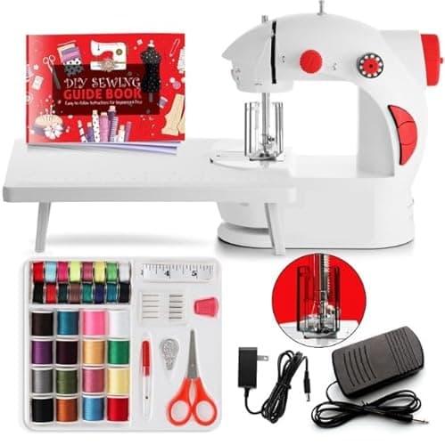 Hearth & Harbor Mini Sewing Machine for Beginners, Dual Speed Small Portable Sewing Machine for Kids and Adults with Extension Table, 48 Piece Gift Set Includes, Pedal, Projects Book and More, Red