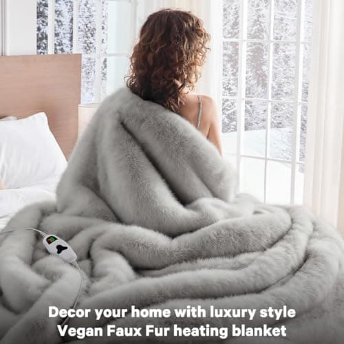 Heated Electric Blanket Throw,Octrot 50"X60" Faux Fur Heating Blanket Luxury Christmas Gifts Heavy Plush with 10 Heats Levels & 8 Hours Auto Off,Super Cozy Warm Fuzzy,Fluffy Decor Winter Warming,White 7