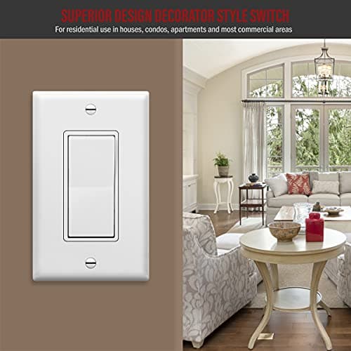 ENERLITES Decorator Paddle Rocker Light Switch, Gloss Finish, Single Pole, 3 Wire, Grounding Screw, Residential Grade, 15A 120V/277V, UL Listed, 91150-W, White 7