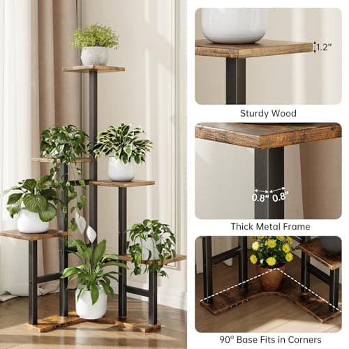 Yzosvki Corner Plant Stand Indoor, 6 Tiered Corner Plant Shelf Flower Stand for Multiple Plants, Plant Shelves Organizer Rack for Living Room, Balcony, Patio, Garden, Square Rustic Brown 4