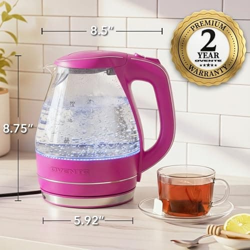OVENTE Electric Kettle, 1.5L Borosilicate Glass Countertop Water Heater and Boiler for Coffee or Tea, BPA-Free, Auto Shut-Off, Boil-Dry Protection, Removable and Washable Spout Filter, Pink KG83F 7