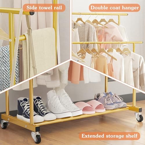 Calmootey Double Rod Clothing Garment Rack,Rolling Hanging Clothes Rack,Portable Clothes Organizer for Bedroom,Living Room,Clothing Store,Gold 7